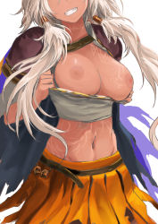 Rule 34 | 1girl, :d, bad id, bad pixiv id, black cape, breasts, breasts out, cape, chain chronicle, crop top, dark-skinned female, dark skin, facing viewer, grin, head out of frame, head tilt, highres, kyaro (kyaro54), large breasts, long hair, low twintails, navel, nipples, open mouth, orange skirt, pulling own clothes, silver hair, simple background, skirt, smile, solo, stomach, tattoo, teeth, twintails, upper body, white background