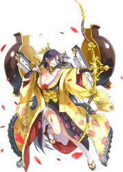 Rule 34 | 1girl, arrow (projectile), bare shoulders, black hair, bow (weapon), breasts, castle, cleavage, crown, drawing bow, emerane, fingerless gloves, full body, gloves, hair between eyes, hair over one eye, holding, holding bow (weapon), holding weapon, japanese clothes, kimono, large breasts, long hair, mole, mole under eye, official art, oshiro project:re, oshiro project:re, petals, red eyes, smile, solo, tamonyama (oshiro project), transparent background, very long hair, weapon, yuujo
