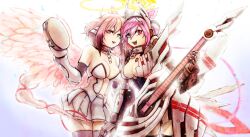 2girls absurdres angel_wings bare_shoulders black_hair breasts center_opening chain cleavage collar commission dress gradient_hair green_eyes grey_thighhighs guitar halo heterochromia highres holding holding_instrument ikaros instrument large_breasts long_hair metal_collar multicolored_hair multiple_girls original pink_hair pleated_skirt red_eyes robot_ears second-party_source short_dress skirt sleeveless sleeveless_dress sora_no_otoshimono tambourine tanamiki1212 thighhighs very_long_hair white_skirt white_wings wings