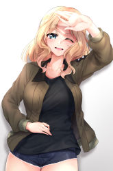 Rule 34 | 1girl, absurdres, black tank top, blonde hair, blue eyes, blush, breasts, cowboy shot, denim, denim shorts, emblem, girls und panzer, gradient background, hair intakes, hand on own hip, highres, jacket, kay (girls und panzer), large breasts, long hair, looking at viewer, mini dang01, one eye closed, saunders (emblem), saunders military uniform, shaded face, shading eyes, shorts, smile, solo, tank top, thighs, white background, wihted