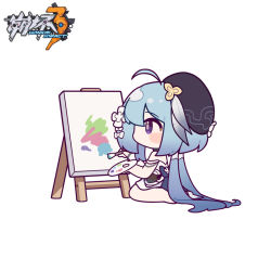 Rule 34 | 1girl, ahoge, bare shoulders, barefoot, beret, black hat, blue hair, blush stickers, canvas (object), chibi, copyright name, dress, eta, griseo, griseo (starry impression), hair between eyes, hat, holding, holding paintbrush, honkai (series), honkai impact 3rd, long hair, low twintails, paintbrush, painting (action), palette (object), purple eyes, simple background, solo, twintails, very long hair, white background, white dress