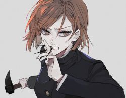 1girl brown_hair ebanoniwa grey_background hammer holding holding_weapon jacket jujutsu_kaisen kugisaki_nobara long_sleeves mouth_hold nail_(hardware) school_uniform short_hair simple_background solo weapon