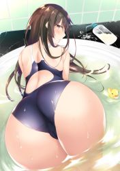 Rule 34 | 1girl, all fours, ass, bad id, bad pixiv id, black hair, blush, bottle, brown eyes, competition swimsuit, from behind, highres, hirari, long hair, looking at viewer, looking back, one-piece swimsuit, open mouth, purple eyes, rubber duck, solo, swimsuit, very long hair, wet