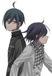 Rule 34 | 2boys, ahoge, black hair, black jacket, brown eyes, buttons, checkered clothes, checkered scarf, closed mouth, danganronpa (series), danganronpa v3: killing harmony, from side, grey background, hair between eyes, hair over eyes, highres, jacket, kasou (roomno404 ), long sleeves, male focus, multiple boys, oma kokichi, profile, saihara shuichi, scarf, short hair, simple background, smile