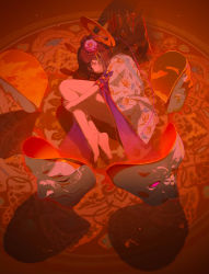 Rule 34 | 1girl, bare legs, barefoot, bow, commission, closed eyes, fetal position, floating, floating object, flower, full body, hair flower, hair ornament, halo, highres, japanese clothes, kimono, knees up, md5 mismatch, original, print kimono, purple bow, red bow, red theme, rug, shadow, sheya tin, solo