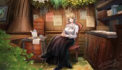 Rule 34 | 1girl, absurdres, warrior of light (ff14), bad id, bad pixiv id, blonde hair, blue eyes, blush, book, boots, chair, commission, crossed legs, cup, elezen, elf, final fantasy, final fantasy xiv, highres, looking at viewer, mirukurim, open book, own hands clasped, own hands together, pointy ears, short hair, signature, sitting, smile, solo, teacup, teapot