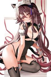 Rule 34 | 1girl, alternate costume, animal ears, bikini, black thighhighs, breasts, brown hair, cat ears, cat tail, enmaided, fingerless gloves, flower-shaped pupils, genshin impact, gloves, grey gloves, hair ornament, highres, hu tao (genshin impact), long hair, low twintails, maid, maid bikini, maid headdress, parted lips, pelvic curtain, red eyes, seiru (prairie), small breasts, solo, swimsuit, symbol-shaped pupils, tail, tassel, tassel hair ornament, thighhighs, thighs, twintails, unconventional maid, very long hair
