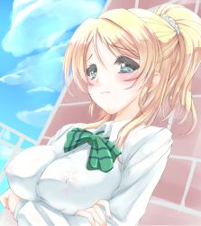 Rule 34 | 10s, 1girl, against wall, ayase eli, blonde hair, blue eyes, blush, bowtie, breast hold, breasts, brick wall, cloud, cloudy sky, collared shirt, covered erect nipples, crossed arms, day, frapowa, frown, green bow, green bowtie, large breasts, long sleeves, love live!, love live! school idol project, ponytail, scrunchie, shirt, sky, solo, upper body, white shirt