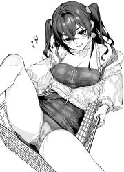 Rule 34 | 1girl, absurdres, blush, breasts, cameltoe, cleavage, cleft of venus, collarbone, dress, greyscale, highres, idolmaster, idolmaster cinderella girls, jacket, jacket partially removed, large breasts, looking at viewer, menea, monochrome, panties, pantyshot, plaid, plaid dress, sharp teeth, shopping cart, simple background, solo, spread legs, sunazuka akira, teeth, two side up, underwear, white background