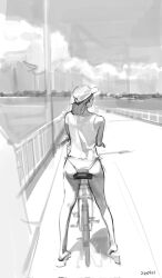 Rule 34 | 1girl, baseball cap, bicycle, bikini, bikini bottom only, bikini under clothes, dated, fence, from behind, greyscale, hat, highres, looking afar, monochrome, oilo 515, original, outdoors, road, shirt, sketch, sleeveless, sleeveless shirt, solo, standing, street, swimsuit, utility pole