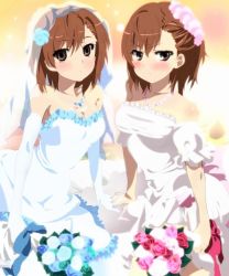 Rule 34 | 2girls, alternate costume, angry, arm support, bad id, bad pixiv id, blue dress, blue gloves, blush, bouquet, breasts, bridal veil, brown eyes, brown hair, cleavage, closed mouth, dress, elbow gloves, empty eyes, flower, frown, gloves, green dress, green wedding dress, hair flower, hair ornament, highres, holding, jewelry, medium breasts, misaka imouto, misaka mikoto, momoiro tanuki, multiple girls, necklace, rose, siblings, side-by-side, sisters, sitting, strapless, strapless dress, toaru kagaku no railgun, toaru majutsu no index, veil, wedding dress, white dress