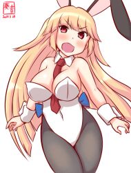 Rule 34 | 1girl, animal ears, between breasts, blonde hair, bow, bowtie, breasts, brooklyn (kancolle), collarbone, covered navel, cowboy shot, detached collar, fake animal ears, kanon (kurogane knights), kantai collection, large breasts, leotard, long hair, necktie, necktie between breasts, one-hour drawing challenge, playboy bunny, rabbit ears, red eyes, red necktie, simple background, solo, strapless, strapless leotard, traditional bowtie, white background, white leotard, wrist cuffs