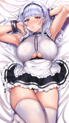 Rule 34 | 1girl, aldehyde, anchor choker, apron, armpits, arms behind head, arms up, azur lane, bare shoulders, bed sheet, black hairband, black skirt, blunt bangs, blush, breasts, center frills, choker, clothing cutout, cuffs, dido (azur lane), earrings, frilled choker, frills, hairband, heart, heart earrings, highres, jewelry, large breasts, long hair, looking at viewer, lying, on back, purple eyes, silver hair, skirt, thighhighs, thighs, underboob, underboob cutout, waist apron, white apron, white thighhighs