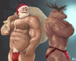 Rule 34 | 2boys, abs, bara, beard, belly, briefs, bulge, chest hair, christmas, crossed arms, facial hair, feet out of frame, full beard, furry, furry male, hat, jockstrap, large pectorals, m7 (m7ishere), male focus, male pubic hair, male underwear, mature male, multiple boys, muscular, muscular male, mustache, navel, nipples, original, pectorals, pubic hair, red headwear, red male underwear, reindeer boy, santa claus, santa costume, santa hat, short hair, standing, stomach, strongman waist, subtitled, textless version, thick beard, thick eyebrows, thick mustache, thick thighs, thighs, topless male, underwear
