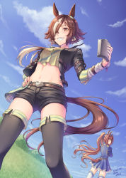 Rule 34 | 2girls, animal ears, arm belt, belt, black jacket, black legwear, black shorts, blue jacket, blue shirt, blue skirt, blue sky, blush, bottle, breasts, brown belt, brown eyes, brown hair, canteen, closed mouth, cloud, commentary request, crop top, cropped shirt, crossed arms, daiwa scarlet (umamusume), dated, day, ear ornament, floating hair, grass, grin, groin, hair between eyes, hair intakes, hair over one eye, hand on own hip, hand up, highres, holding, holding bottle, horse ears, horse girl, horse tail, jacket, long bangs, long hair, long sleeves, looking at viewer, low ponytail, midriff, multicolored hair, multiple girls, navel, open clothes, open jacket, outdoors, pleated skirt, red eyes, shirt, short shorts, shorts, sidelocks, signature, skirt, skirt set, sky, sleeve cuffs, small breasts, smile, standing, tail, teeth, thighhighs, tiara, twintails, two-tone hair, two-tone shirt, umamusume, very long hair, vodka (umamusume), white hair, white legwear, yellow shirt, yoruno mahiru