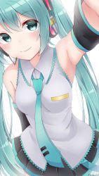 Rule 34 | 1girl, aqua eyes, aqua hair, aqua necktie, arm behind back, armpits, bare shoulders, black skirt, black sleeves, bloom, blush, commentary, cowboy shot, detached sleeves, dutch angle, grey shirt, hair ornament, hatsune miku, headphones, headset, highres, long hair, looking at viewer, miniskirt, necktie, noneon319, outstretched arm, selfie, shirt, skirt, sleeveless, sleeveless shirt, smile, solo, twintails, very long hair, vocaloid, white background