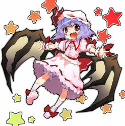 Rule 34 | 1girl, dress, fang, female focus, full body, happy, hat, hermmy, purple hair, remilia scarlet, short hair, solo, touhou, white background, wings