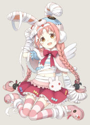 Rule 34 | 104, 1girl, :d, animal ears, boots, bow, braid, candy, capelet, food, full body, hair ornament, halloween, halloween costume, hood, midriff peek, mimi (princess connect!), mummy, mummy costume, navel, open mouth, orange eyes, pink bow, pink footwear, pink hair, pink skirt, pink thighhighs, princess connect!, rabbit, rabbit ears, simple background, sitting, skirt, smile, solo, striped clothes, striped thighhighs, thighhighs, tissue, zettai ryouiki