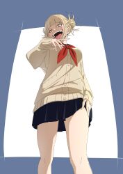 Rule 34 | 1girl, absurdres, black sailor collar, black skirt, blonde hair, boku no hero academia, brown cardigan, cardigan, commentary, double bun, fangs, from below, hair bun, hand on own thigh, hide12862152, highres, looking afar, neckerchief, open mouth, pleated skirt, red neckerchief, sailor collar, skirt, solo, standing, toga himiko, tongue, tongue out, yellow eyes