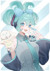 Rule 34 | &gt; &lt;, 1girl, absurdres, aqua eyes, aqua hair, aqua nails, aqua necktie, arms up, bare shoulders, blue bow, bow, breasts, cinnamiku, cinnamoroll, collared shirt, commentary, detached sleeves, facing viewer, folded twintails, green shirt, hair bow, hatsune miku, headset, highres, holding, looking ahead, matching hairstyle, matching outfits, medium breasts, necktie, open mouth, parfait, sanrio, shibuya (kurokamishain), shirt, sleeveless, sleeveless shirt, smile, solo, tie clip, upper body, wide sleeves