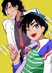 Rule 34 | 2boys, :d, black eyes, black hair, black shirt, blazer, blue eyes, bright pupils, closed mouth, collared shirt, commentary request, fingernails, green shirt, hand on another&#039;s shoulder, highres, inudori, itakura (tobaku haouden zero), jacket, looking at viewer, medium bangs, multiple boys, necktie, one eye closed, open mouth, red necktie, shirt, short hair, simple background, smile, striped clothes, striped shirt, teeth, tobaku haouden zero, ukai zero, upper body, upper teeth only, white jacket, white pupils, yellow background