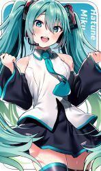 Rule 34 | 1girl, :d, aqua eyes, aqua hair, aqua necktie, black skirt, black sleeves, black thighhighs, character name, commentary request, detached sleeves, hair between eyes, hatsune miku, headset, highres, long hair, looking at viewer, necktie, open mouth, skirt, smile, solo, thighhighs, thighs, totoki86, very long hair, vocaloid, zettai ryouiki