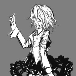 Rule 34 | 1girl, character request, dress, expressionless, gagawa ichi, greyscale, long sleeves, looking away, lowres, monochrome, nichoume rojiura tantei kitan, short hair, solo, stitches, torn clothes