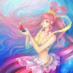Rule 34 | 1girl, blue eyes, giant, giantess, holding, looking at viewer, lowres, mermaid, monkey d. luffy, monster girl, one piece, pink hair, shirahoshi