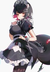 Rule 34 | 1girl, apron, black dress, black hair, blush, breasts, colored inner hair, cowboy shot, dress, ellen joe, fins, fish tail, from side, hair ornament, highres, looking at viewer, looking to the side, maid, maid apron, maid headdress, medium breasts, mole, mole under eye, multicolored hair, pantyhose, parted lips, puffy short sleeves, puffy sleeves, red eyes, red hair, shark tail, short sleeves, simple background, solo, standing, tail, white background, wrist cuffs, x hair ornament, yenkoes, zenless zone zero
