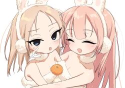 Rule 34 | 2girls, :o, animal ears, bandeau, blue eyes, blush, bouen, breasts, cleavage, closed eyes, commentary, earmuffs, fake animal ears, food, fruit, fur collar, highres, light brown hair, long hair, looking at viewer, multiple girls, open mouth, orange (fruit), original, pink hair, rabbit earmuffs, rabbit ears, simple background, small breasts, symbol-only commentary, white background