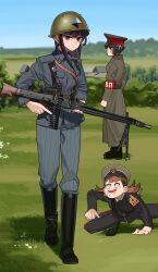 Rule 34 | 1boy, 2girls, absurdres, all fours, armband, bipod, black hair, boots, brown hair, commentary, drooling, english commentary, field, gun, hearts of iron, helmet, highres, holding, holding gun, holding weapon, komi-san wa komyushou desu, komi shouko, long hair, looking at viewer, machine gun, mg42, military, military uniform, multiple girls, name connection, outdoors, pzkpfwi, shoulder boards, sky, tadano hitohito, the new order: last days of europe, trigger discipline, uniform, weapon, yamai ren