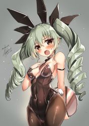 Rule 34 | 10s, 1girl, akabane (zebrasmise), anchovy (girls und panzer), animal ears, arm behind back, bare shoulders, black pantyhose, blush, breasts, brown eyes, covered navel, curly hair, fake animal ears, girls und panzer, green hair, groin, hand on own chest, leotard, long hair, open mouth, pantyhose, playboy bunny, rabbit ears, ribbon, small breasts, solo, tail, tray, twintails, very long hair