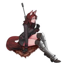 Rule 34 | 1girl, absurdres, animal ears, armor, black gloves, black jacket, black thighhighs, boots, braid, brown eyes, brown hair, closed mouth, commission, gloves, gun, hair between eyes, highres, jacket, less, lips, long hair, original, pink lips, simple background, sitting, solo, tail, thighhighs, weapon, white background