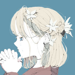 Rule 34 | 1girl, black choker, blonde hair, blue background, blue eyes, braid, choker, colored eyelashes, commentary request, crying, crying with eyes open, earrings, flower, flower earrings, french braid, from side, highres, jewelry, long bangs, long sleeves, looking down, medium hair, no pupils, nocopyrightgirl, original, own hands clasped, own hands together, pale skin, parted lips, portrait, red shirt, ring, shirt, solo, tears, white flower
