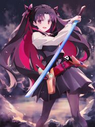 Rule 34 | 1girl, aopix 001, belt, black dress, black hair, black pantyhose, collared shirt, commentary request, dress, fate/grand order, fate (series), highres, holding, holding sword, holding weapon, ishtar (fate), katana, long hair, long sleeves, looking at viewer, multicolored hair, pantyhose, parted bangs, red belt, red eyes, shirt, smile, solo, space ishtar (fate), sword, two-tone hair, two side up, very long hair, weapon, white shirt