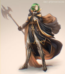 Rule 34 | 1boy, absurdres, alternate costume, armored boots, artist name, beard, boots, cape, circlet, eeveetachi, facial hair, fire emblem, fire emblem: three houses, gloves, graphite (medium), green eyes, green hair, grey background, highres, male focus, mechanical pencil, nintendo, pencil, pointy ears, polearm, seteth (fire emblem), solo, spear, traditional media, weapon