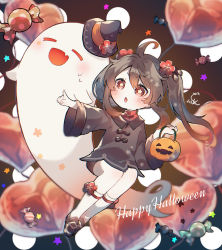 Rule 34 | 1girl, aged down, ahoge, alternate headwear, balloon, basket, blush, brown eyes, brown footwear, brown hair, candy, chinese clothes, commentary request, english text, flower, flower-shaped pupils, food, full body, genshin impact, ghost, guu-chan (mina 211), hair flower, hair ornament, halloween, hat, hat flower, hat ribbon, unworn headwear, highres, hu tao (genshin impact), loafers, long hair, long sleeves, looking to the side, open mouth, orange ribbon, pointing, ribbon, shoes, short shorts, shorts, sidelocks, sitting, socks, solo, star (symbol), sweatdrop, symbol-shaped pupils, two side up, white socks, wide sleeves, witch hat