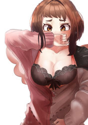 Rule 34 | 1girl, black bra, blurry, blush, boku no hero academia, bra, breasts, breasts out, brown eyes, brown hair, cleavage, collarbone, covering own mouth, depth of field, embarrassed, eyebrows, hand over own mouth, highres, lace, lace-trimmed bra, lace trim, long sleeves, looking at viewer, medium breasts, partially unzipped, pink sweater, short hair, simple background, solo, sweater, underwear, unzipped, uraraka ochako, white background, zd (pixiv6210083)