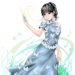 Rule 34 | 1girl, artist name, beamed sixteenth notes, black eyes, black hair, blue nails, bug, butterfly, dress, eighth note, grey dress, insect, lipstick, long hair, m (star) e (venom200x), makeup, musical note, nail polish, nogizaka46, short sleeves, simple background, skirt hold, white background, white butterfly