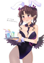 Rule 34 | 1girl, :d, alternate costume, animal ears, bare arms, bare shoulders, black leotard, black necktie, black wings, blush, breasts, brown eyes, brown hair, cleavage, commentary request, covered navel, cowboy shot, cup, detached collar, drinking glass, drinking straw, fake animal ears, feathered wings, groin, hair ribbon, hat, highres, himekaidou hatate, holding, holding tray, large breasts, leotard, long hair, necktie, open mouth, pantyhose, playboy bunny, pointy ears, purple ribbon, puuakachan, rabbit ears, ribbon, simple background, smile, solo, standing, strapless, strapless leotard, tokin hat, touhou, translation request, tray, twintails, white background, wings, wrist cuffs