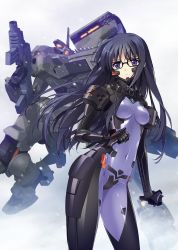 Rule 34 | 1girl, assault rifle, black hair, bodysuit, breasts, carnelian, clenched hand, covered navel, german text, glasses, glowing, glowing eye, gretel jeckeln, gun, highres, long hair, mecha, mig-23 cheburaskha (muv-luv), military, muv-luv, muv-luv alternative, non-web source, official art, pilot suit, purple eyes, rifle, robot, schwarzesmarken, shield, skin tight, small breasts, snow, snowing, solo, weapon