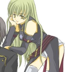 Rule 34 | 00s, 1boy, 1girl, bent over, c.c., code geass, contrapposto, detached sleeves, green eyes, green hair, hand on own cheek, hand on own face, lelouch vi britannia, long hair, long sleeves, lowres, school uniform, shorts, simple background, sitting, smile, solo focus, thighhighs, thighs, uniform, very long hair, white background, white thighhighs