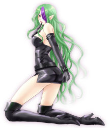Rule 34 | 1girl, black dress, boots, breasts, dress, elbow gloves, elf, finger to own chin, gloves, green eyes, green hair, high heels, knee boots, kneeling, large breasts, latex, latex dress, leather, leather dress, long hair, makeup, misery (outer zone), multicolored hair, outer zone, pointy ears, sarasa-sasa, shoes, short dress, simple background, solo, thigh boots, thighhighs, two-tone hair, very long hair, wavy hair, white background