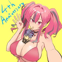 Rule 34 | 1girl, absurdres, anniversary, armpit crease, azur lane, bare shoulders, bikini, black choker, breasts, bremerton (azur lane), bubble tea, bubble tea challenge, choker, cleavage, collarbone, commentary request, cup, disposable cup, drinking, drinking straw, drinking straw in mouth, dutch angle, ear piercing, front-tie bikini top, front-tie top, grey hair, gyokuro (azfater), hair between eyes, hair intakes, hands up, highres, large breasts, lifebuoy ornament, long hair, looking at viewer, mole, mole under eye, multicolored hair, nail polish, object on breast, piercing, pink bikini, pink eyes, pink hair, red nails, selfie, sidelocks, simple background, solo, standing, stomach, streaked hair, swimsuit, twintails, two-tone hair, upper body, yellow background