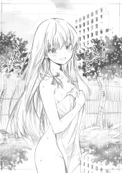 Rule 34 | 1girl, :d, absurdres, blush, covering privates, greyscale, highres, huge filesize, kojima takeshi, long hair, looking at viewer, monochrome, nude, nude cover, onsen, open mouth, original, outdoors, smile, solo, steam, towel, translation request