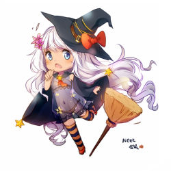 Rule 34 | 1girl, alternate costume, artist name, black cape, black hat, blue eyes, bow, broom, cape, chibi, english text, fang, flower, full body, hair flower, hair ornament, halloween, hat, lingerie, long hair, looking at viewer, neet cangshu, negligee, open mouth, orange footwear, orange panties, panties, red bow, see-through, shoes, simple background, solo, south dakota (warship girls r), standing, standing on one leg, star (symbol), striped clothes, striped thighhighs, text focus, thighhighs, underwear, very long hair, warship girls r, white background, white hair, witch, witch hat