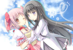 Rule 34 | 10s, 2girls, akemi homura, arms around waist, bad id, bad pixiv id, black hair, food, hand on another&#039;s cheek, hand on another&#039;s face, hug, kaname madoka, long hair, looking at another, mahou shoujo madoka magica, mahou shoujo madoka magica (anime), mishima kurone, multiple girls, one eye closed, pink hair, pocky, pocky kiss, purple eyes, red eyes, shared food, short hair, twintails, wink, yuri