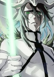Rule 34 | 1boy, black hair, bleach, closed mouth, collared jacket, colored skin, facial mark, frown, glowing, glowing weapon, green eyes, hair between eyes, highres, hishui prpr, holding, holding polearm, holding weapon, hole in chest, hole on body, jacket, looking at viewer, male focus, polearm, solo, ulquiorra cifer, weapon, white headdress, white skin