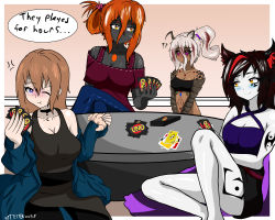 Rule 34 | 4girls, absurdres, animal ears, antenna, arthropod girl, board game, breasts, brown hair, cat ears, cat girl, cleavage, colored skin, cpt.tester works, croissant, elora (cpt.tester), food, grey skin, highres, jewelry, large breasts, looking at another, looking away, monster girl, multiple girls, on floor, orange eyes, orange hair, peaches (cpt.tester), purple eyes, red eyes, red hair, shell, size difference, small breasts, vera (cpt.tester), white hair, white skin