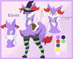 Rule 34 | 2020, absurdres, ahoge, animal ear fluff, animal hands, book, braid, braixen, character name, character sheet, chest tuft, clothed pokemon, color guide, creatures (company), english text, furry, furry female, game freak, gen 6 pokemon, glasses, hand on headwear, hat, highres, holding, holding book, lavenderaraliya, mage staff, nintendo, pokemon, pokemon (creature), purple fur, striped clothes, striped thighhighs, thighhighs, twig, twin braids, witch hat, yellow eyes